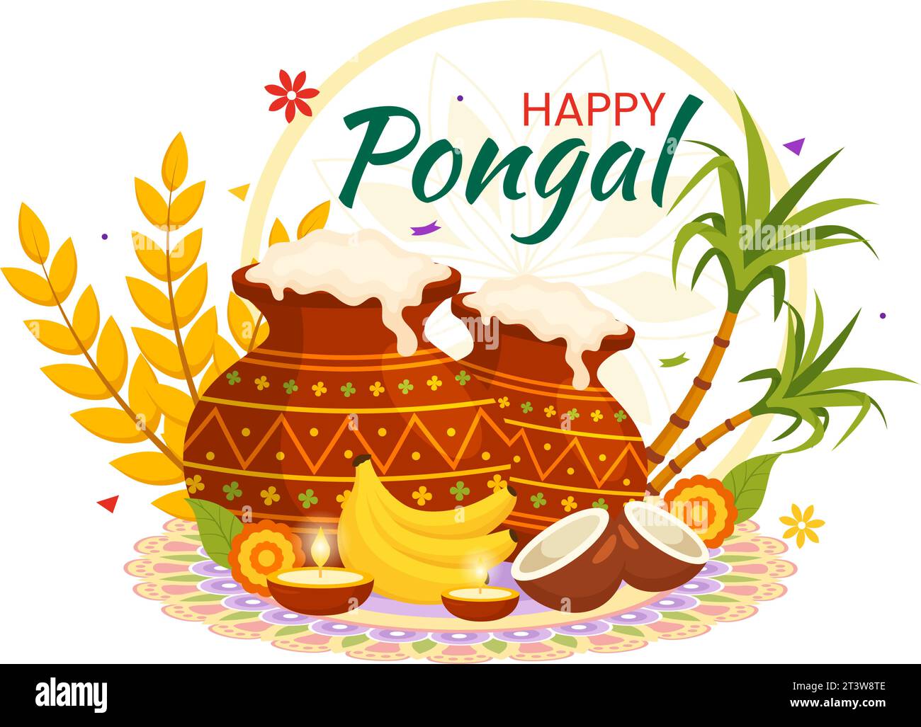 Happy Pongal Vector Illustration de la célébration traditionnelle du Festival de l'Inde Tamil Nadu avec canne à sucre et plaque d'accessoires religieux en fond plat Illustration de Vecteur