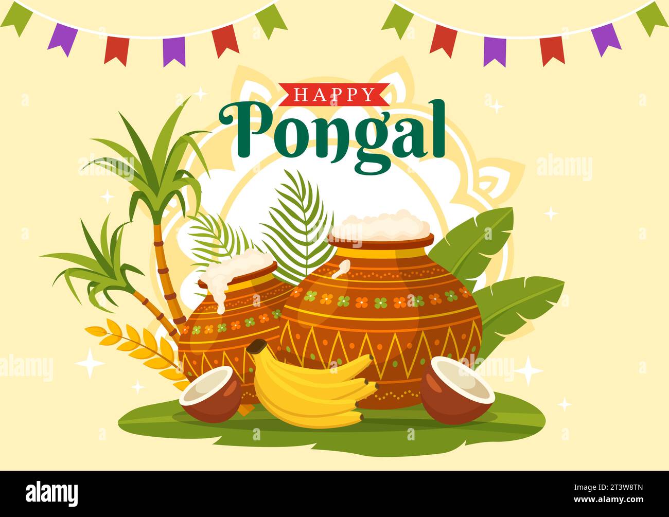 Happy Pongal Vector Illustration de la célébration traditionnelle du Festival de l'Inde Tamil Nadu avec canne à sucre et plaque d'accessoires religieux en fond plat Illustration de Vecteur