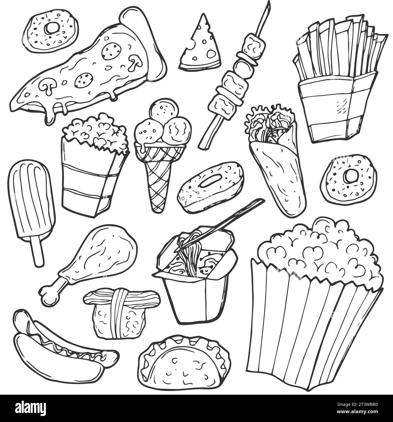 Restauration rapide Doodle. Icônes dessinées à la main. Vector clip Art. Esquissez Famous Food. Illustration de Vecteur