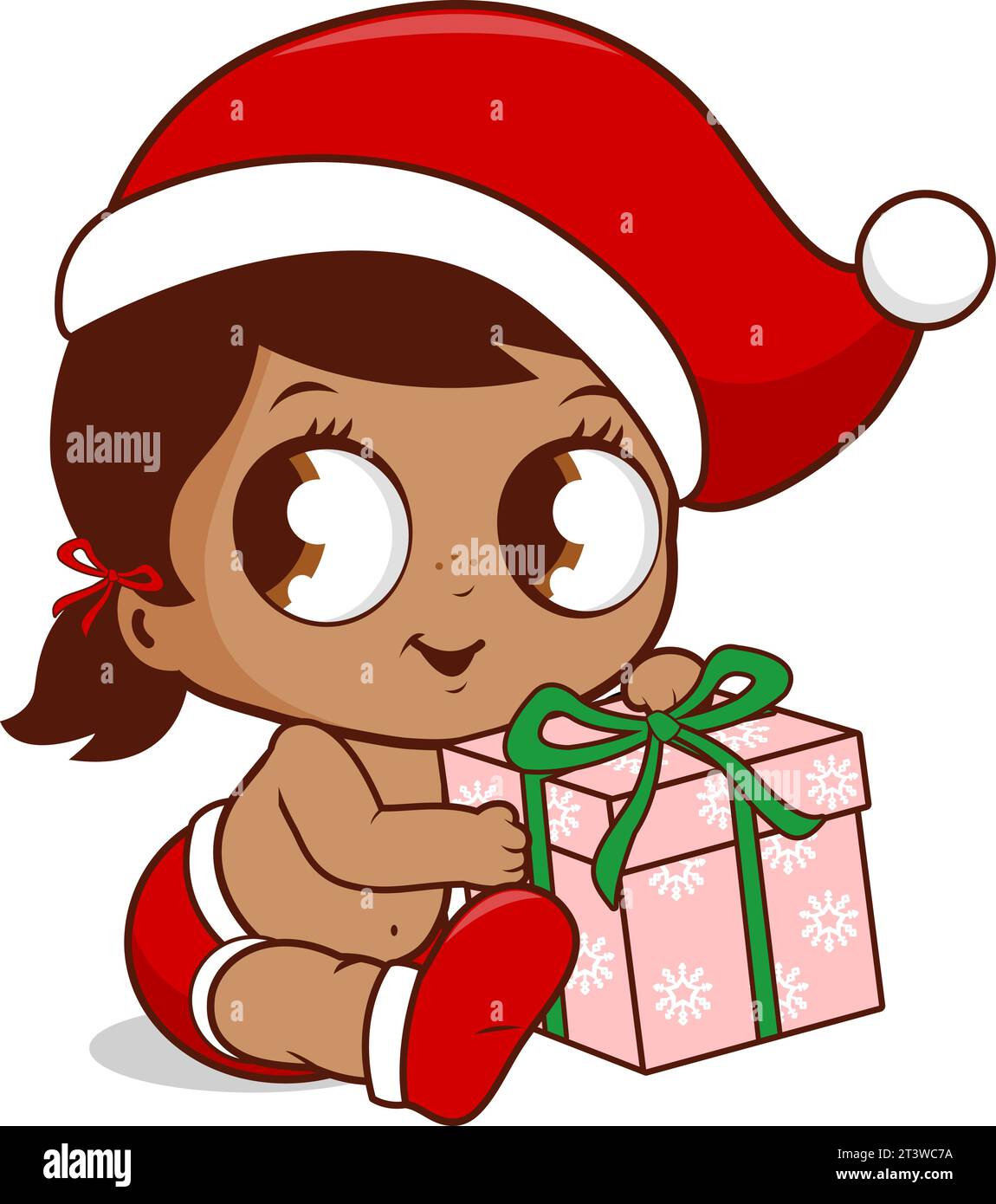 Mignon bébé fille avec chapeau de Père Noël tenant un cadeau de Noël. Illustration vectorielle Illustration de Vecteur
