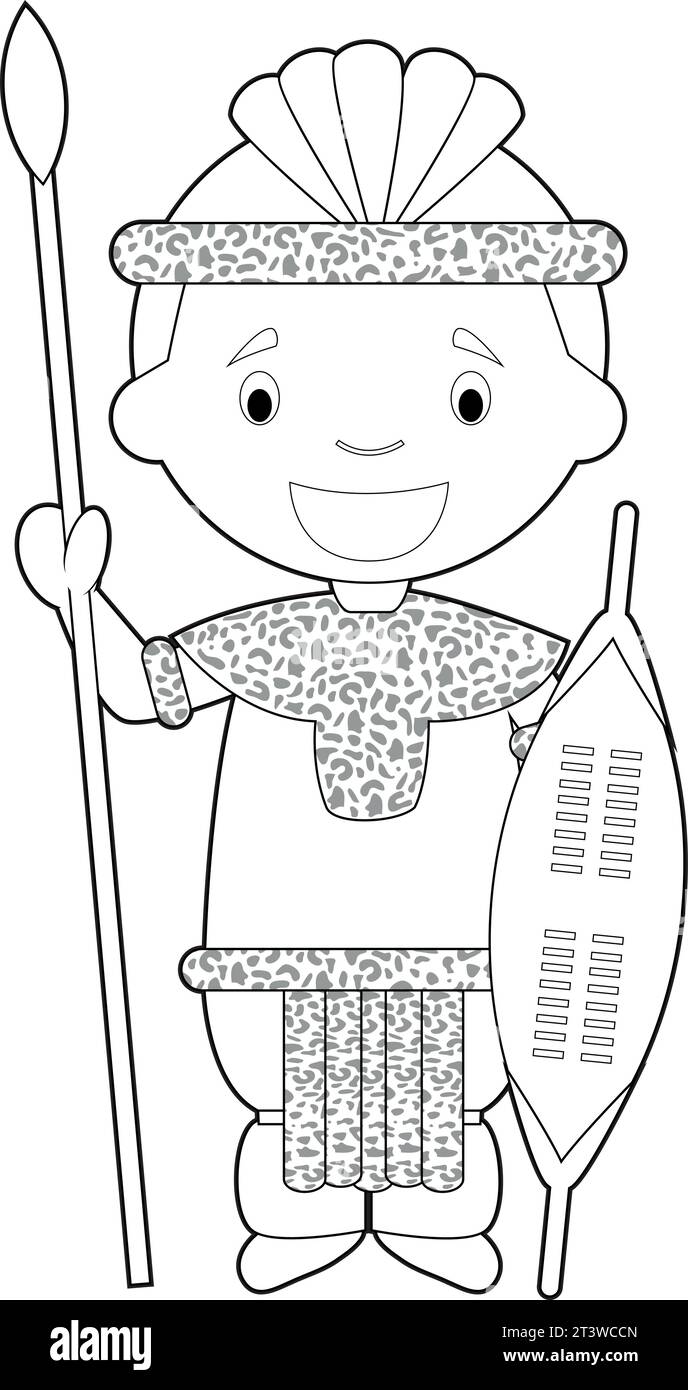 Personnage de dessin animé facile à colorier d'Afrique du Sud habillé à la manière traditionnelle de la tribu zoulou. Illustration vectorielle. Illustration de Vecteur