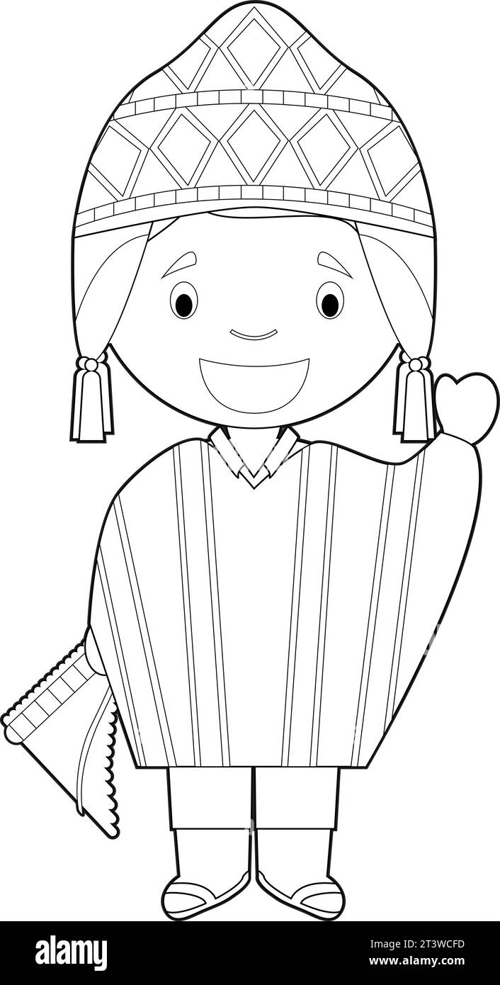 Personnage de dessin animé à colorier facile du Pérou habillé de la manière traditionnelle Illustration vectorielle. Illustration de Vecteur