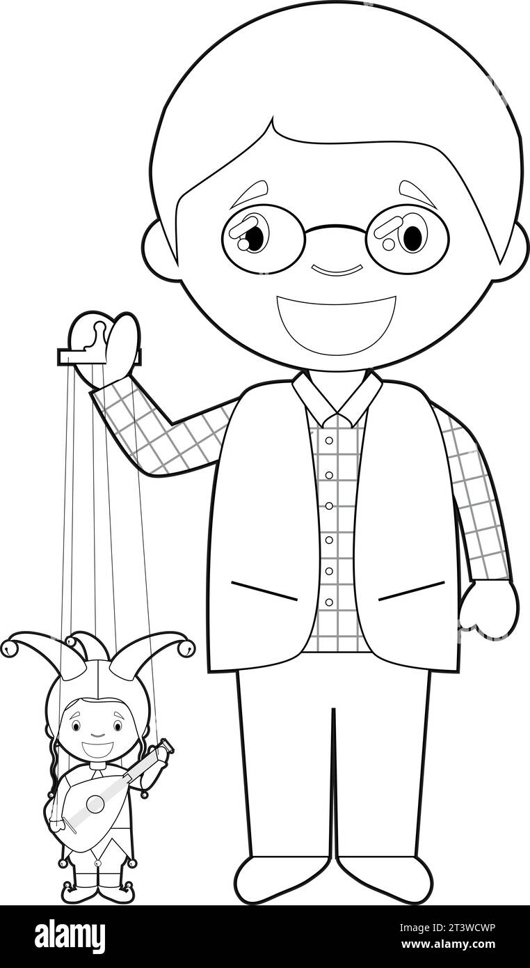 Personnage de dessin animé marionnettiste facile à colorier de la République tchèque avec marionnette typique. Illustration vectorielle. Illustration de Vecteur