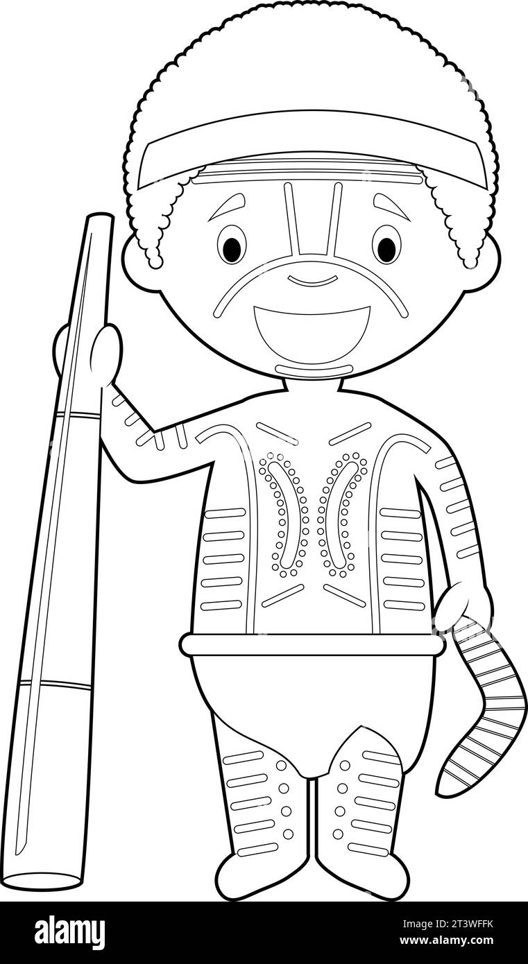 Personnage de dessin animé facile à colorier de l'Australie (aborigène) habillé de manière traditionnelle avec didgeridoo. Illustration vectorielle. Illustration de Vecteur