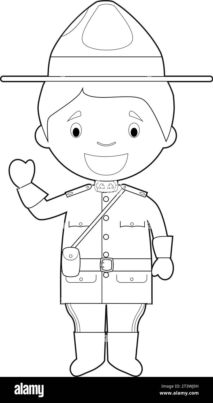 Personnage de dessin animé facile à colorier du Canada habillé de la manière traditionnelle comme un policier à cheval. Illustration vectorielle. Illustration de Vecteur