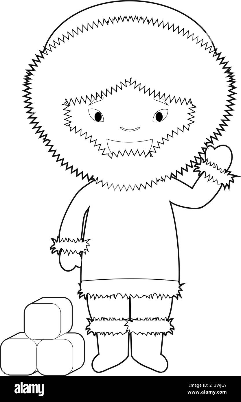 Personnage de dessin animé facile à colorier du Groenland habillé de manière traditionnelle comme peuple skimo. Illustration vectorielle. Illustration de Vecteur