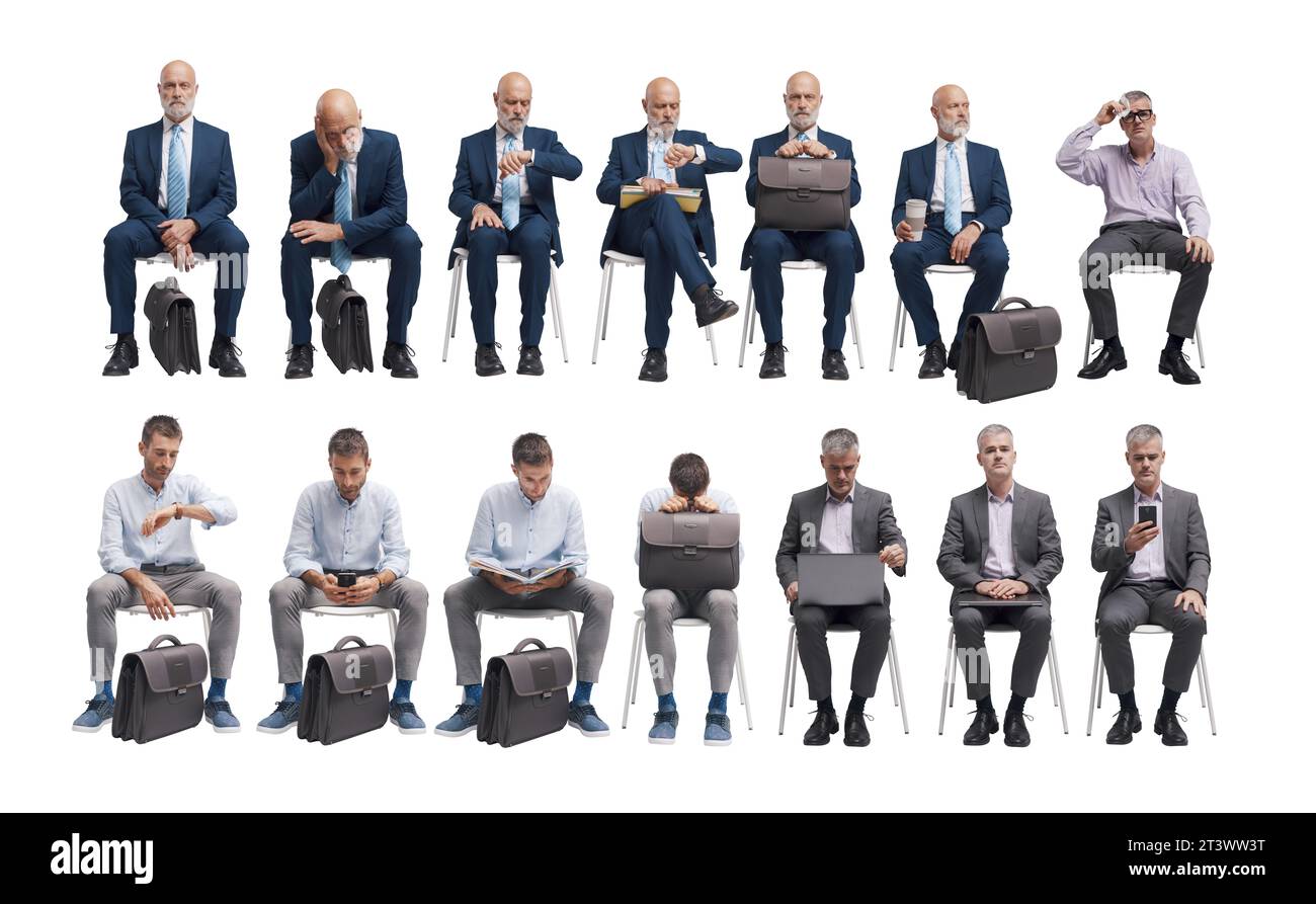 Homme d'affaires assis sur une chaise et attendant un entretien d'emploi, ensemble de portraits collage Banque D'Images