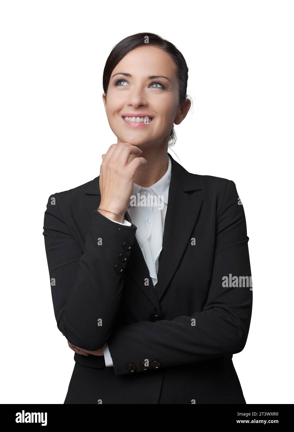 Charmant sourire business woman with hand on chin à la route. Banque D'Images Charmant sourire business woman with hand on chin à la route. Banque D'Images