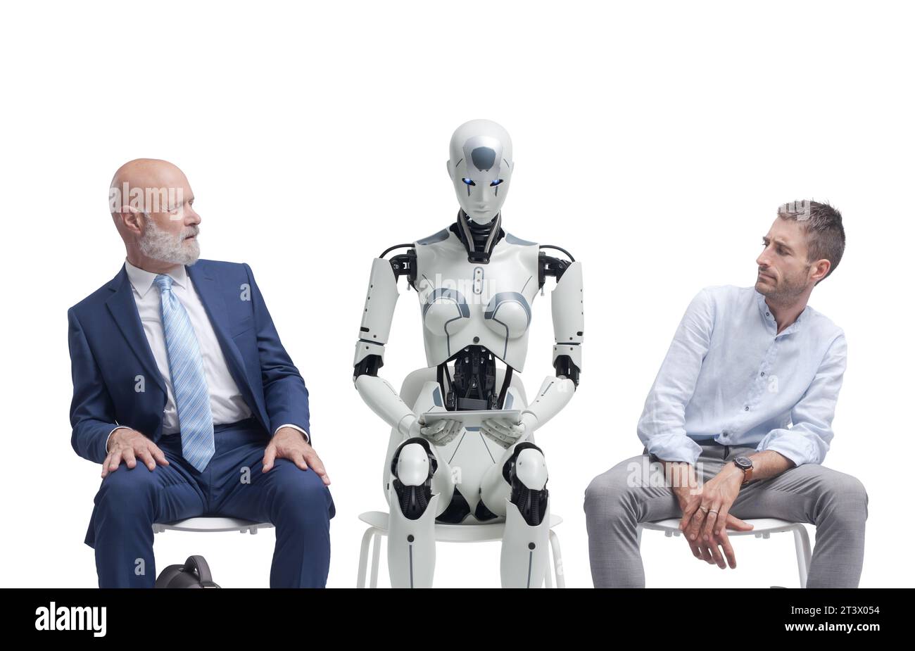Les candidats déçus assis dans la salle d'attente et regardant le candidat robot IA, ils attendent l'entretien d'embauche Banque D'Images