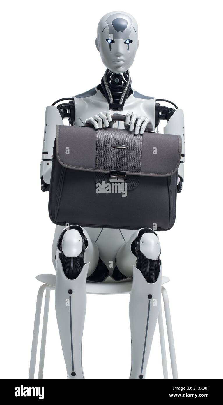 Robot humanoïde ai assis sur une chaise et attendant un entretien d'embauche Banque D'Images