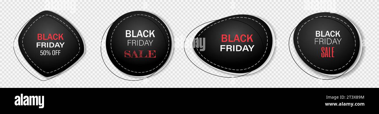 Un ensemble de stickers pour Black Friday, vente sur fond blanc. Autocollants de réduction, badge publicitaire, étiquette commerciale. Illustration de Vecteur