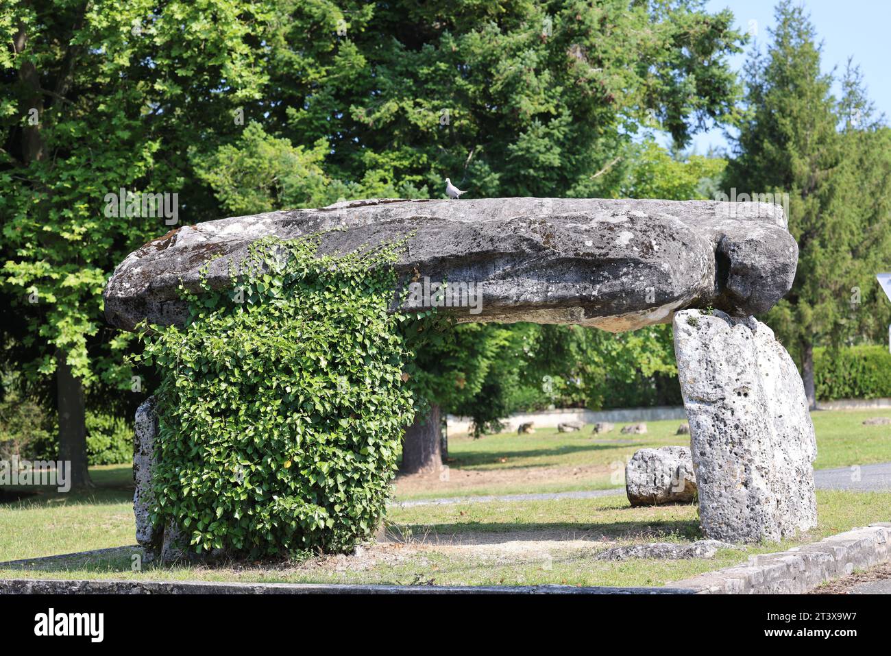 « Dolmen de Peyrelevade », appelé aussi « de la Pierre levée » in English ou dolmen du Camp-de-César, à Brantôme dans le département de la Dordogne. Banque D'Images
