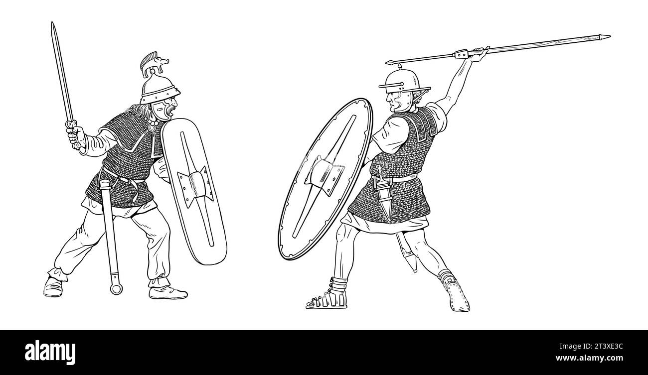 Légionnaire romain contre la Gaule. Jules César Guerre gauloise. Dessin historique. Banque D'Images