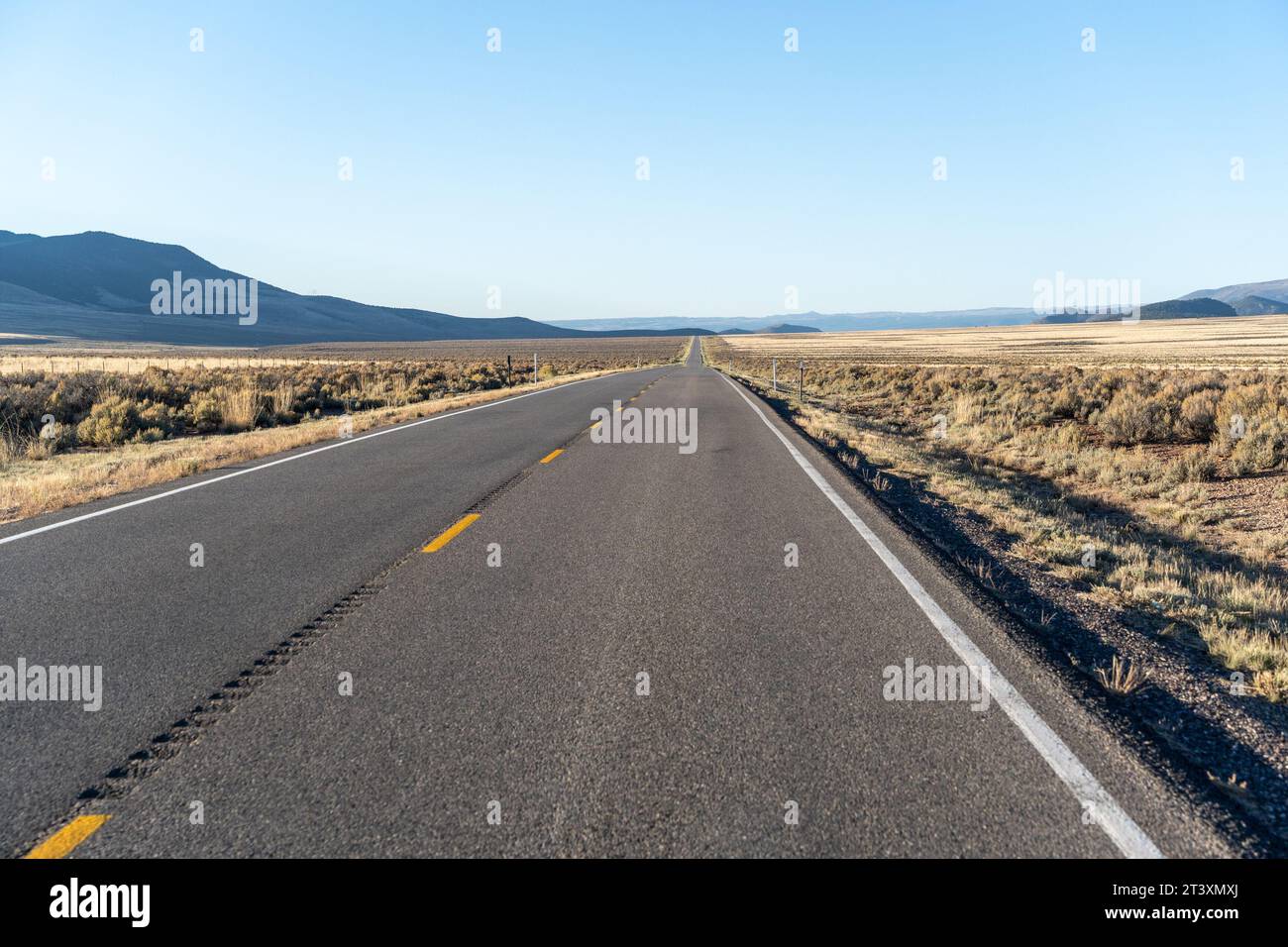 Route solitaire dans le sud-ouest américain juste après l'aube Banque D'Images