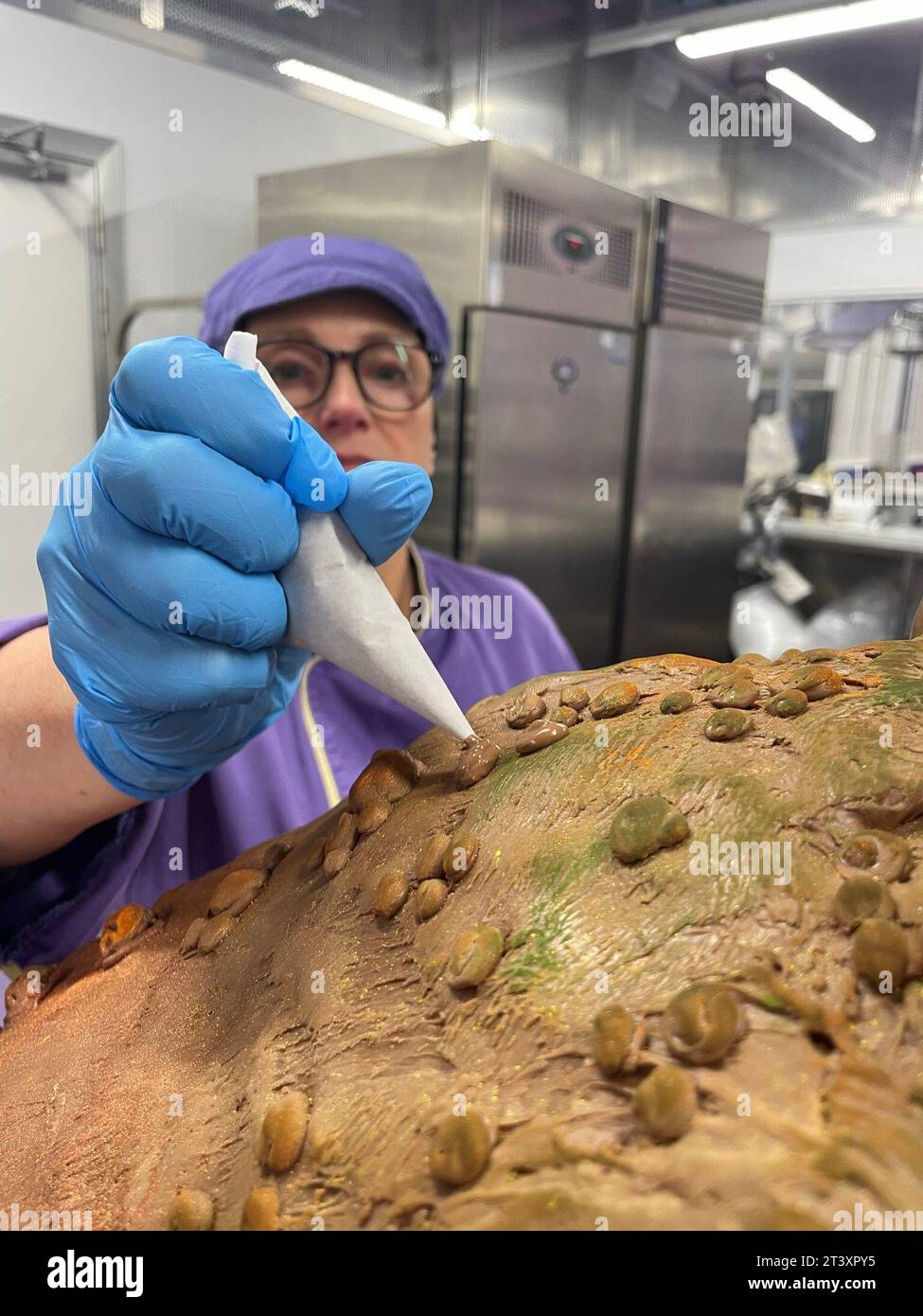 La chocolatière Donna Oluban apporte la touche finale à un présentoir d'Halloween avec un crapaud effrayant aux feuilles d'automne, une baguette et des livres de sorts faits de chocolat au Cadbury World de Birmingham. La création détaillée de 90 cm de haut, comprenant 50 kilogrammes de chocolat, a été conçue pour être «aussi fantaisiste que possible sans être trop effrayante» pour les visiteurs de l'attraction de Birmingham. Date de la photo : mercredi 25 octobre 2023. Banque D'Images