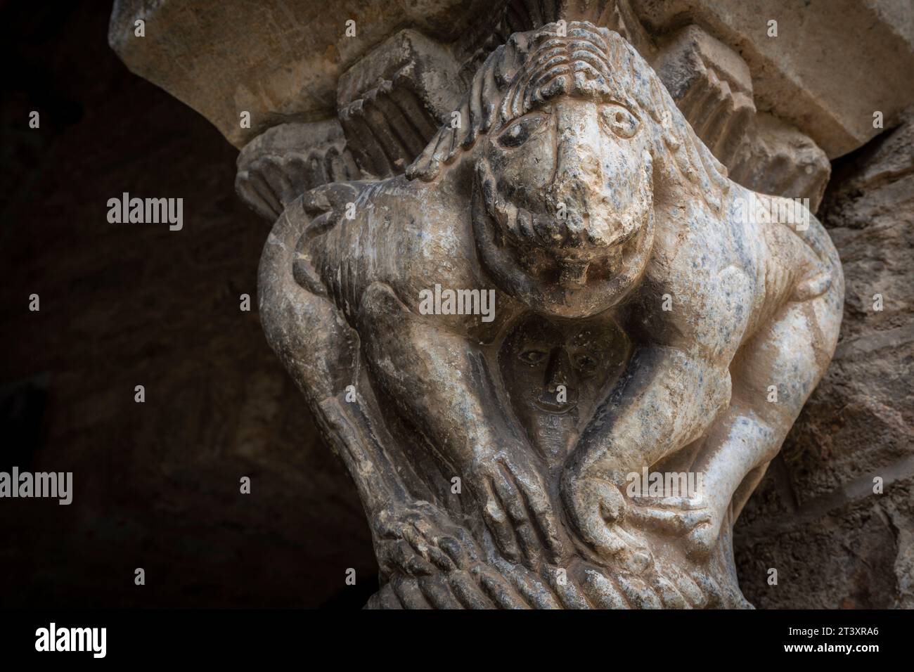 Capitales du cloître, Lions partageant les têtes, abbaye de San Martín de Canigó, région Languedoc-Roussillon, République française,. Banque D'Images