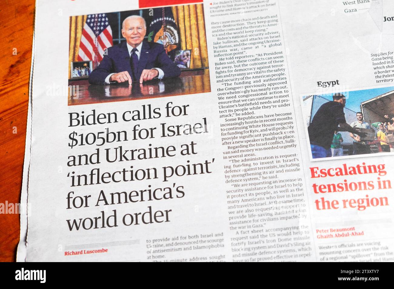 Le président AMÉRICAIN Joe «Biden appelle à 105 $ pour Israël et l'Ukraine au «point d'inflexion» pour l'ordre mondial de l'Amérique» journal Guardian titre 21 octobre Banque D'Images