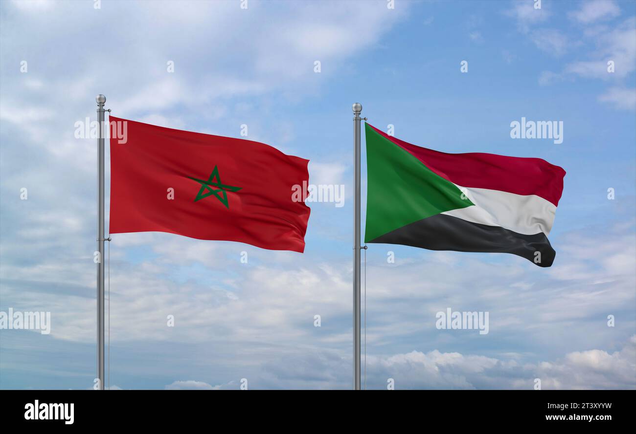 Drapeaux du Soudan et du Maroc agitant ensemble dans le vent sur un ciel nuageux bleu, concept de relation entre deux pays Banque D'Images