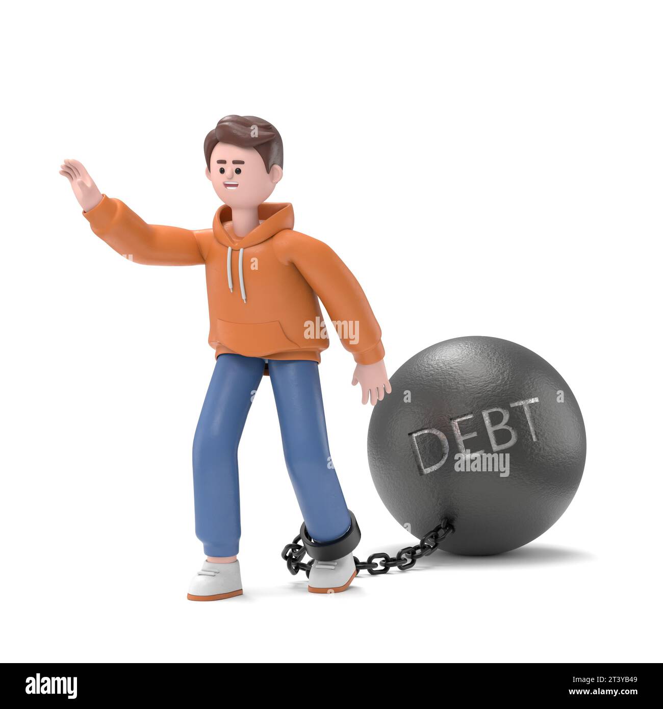 Illustration 3D d'un homme Qadir traînant ses dettes. Rendu 3D sur fond blanc. Banque D'Images