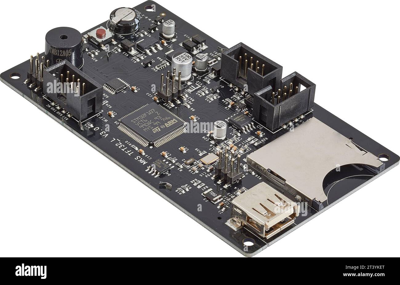 circuit imprimé avec composants électroniques sur fond blanc Banque D'Images
