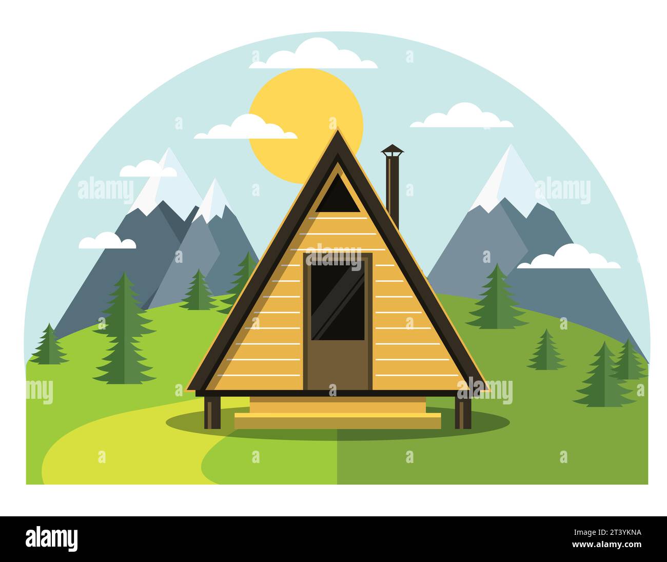 Vacances à la montagne, maison à cadre a sur pelouse, petite cabine, vue de face, vecteur Illustration de Vecteur