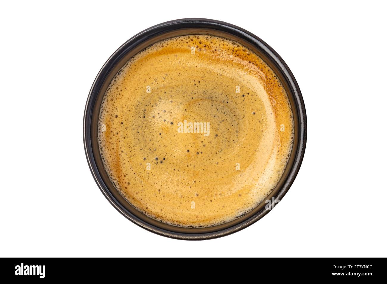 café dans une tasse noire sur un fond blanc vue de dessus Banque D'Images