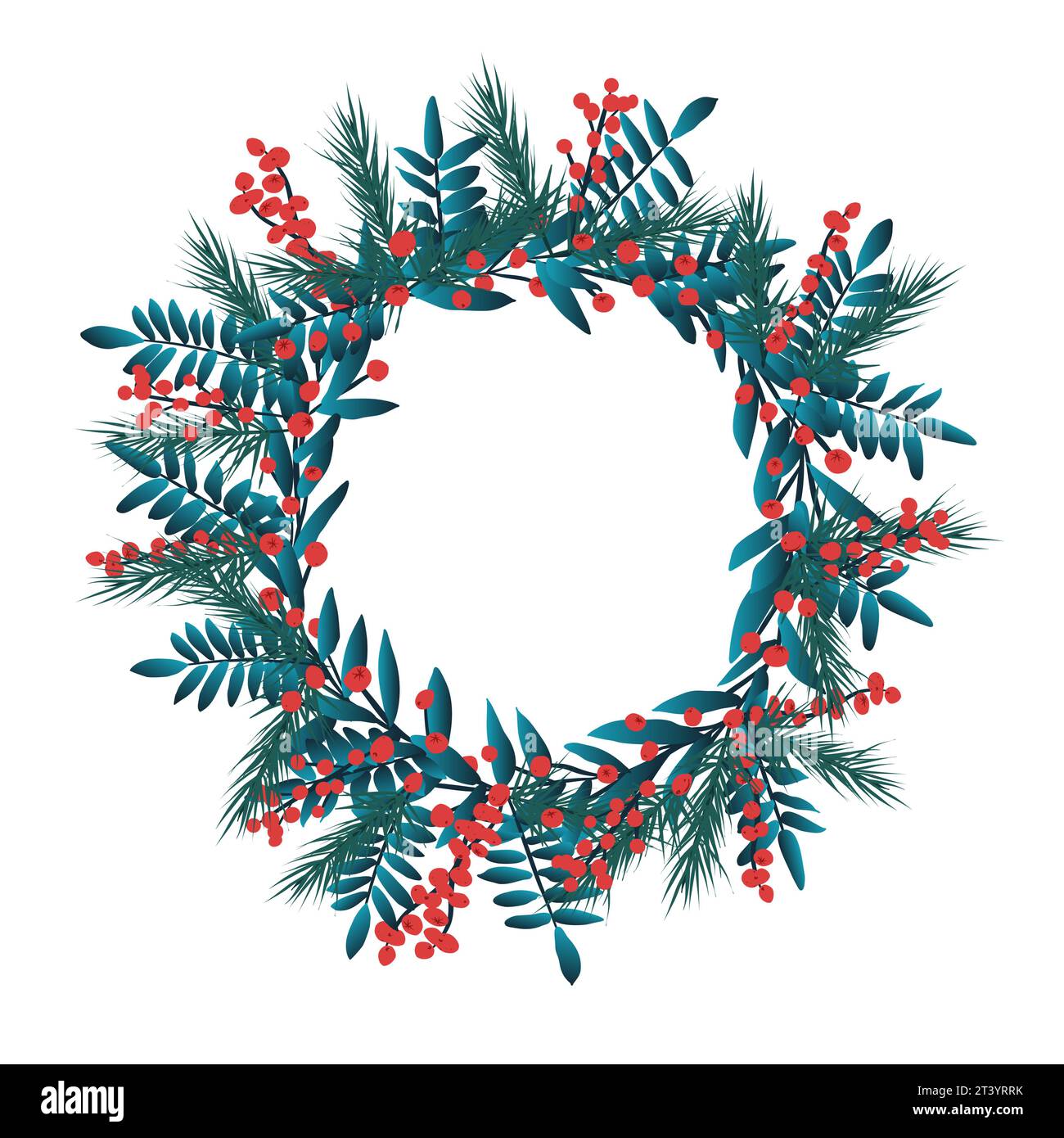 Illustration de couronne avec la nature de Noël, espace pour le texte avec fond blanc. Branches et feuilles vertes et fruits rouges Banque D'Images
