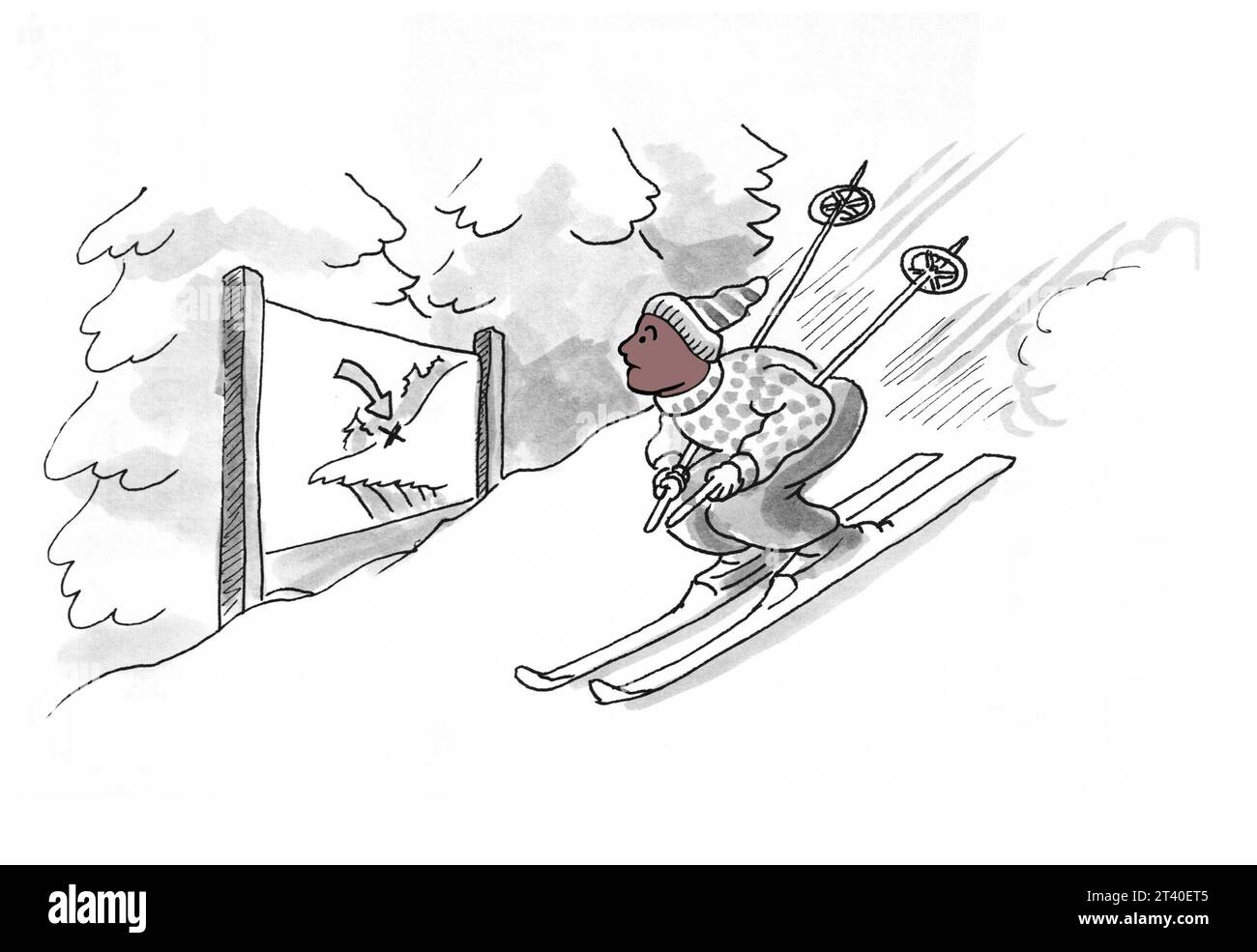 Le jeune homme afro-américain skie trop vite et se trouve à un point dangereux. Banque D'Images