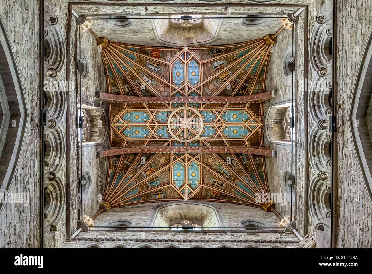 Plafond en bois sculpté de la cathédrale St Davids, Pembrokeshire, sud-ouest du pays de Galles Banque D'Images