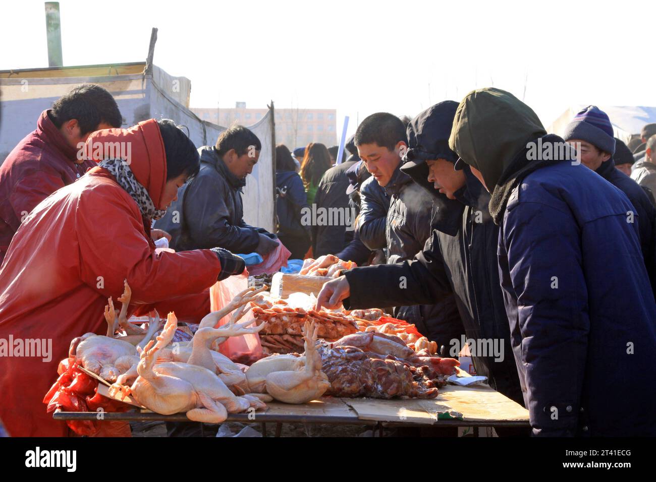 COMTÉ de LUANNAN - JANVIER 28 : le client et le vendeur en négociation, devant un étal de viande, le 28 janvier 2014, comté de Luannan, province de Hebei, Chine. Banque D'Images