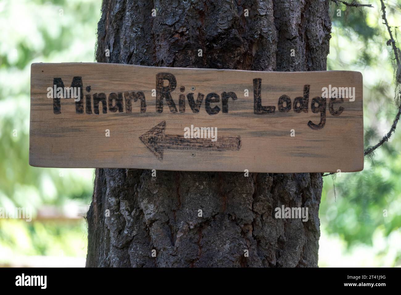 Panneau pour Minam River Lodge, Wallowa Mountains, Oregon. Banque D'Images