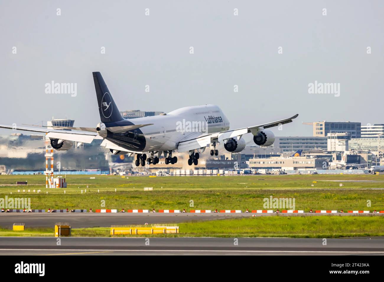 Avion à l'atterrissage, D-ABYA, LUFTHANSA, BOEING 747-8. Aéroport de Fraport, Francfort-sur-le-main, Hesse, Allemagne Banque D'Images