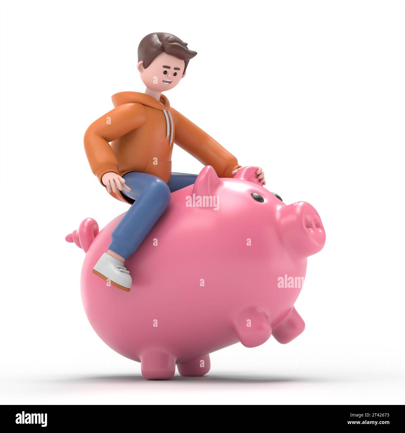 Illustration 3D du gars masculin Qadir chevauchant la tirelire, rendu 3D sur fond blanc. Banque D'Images