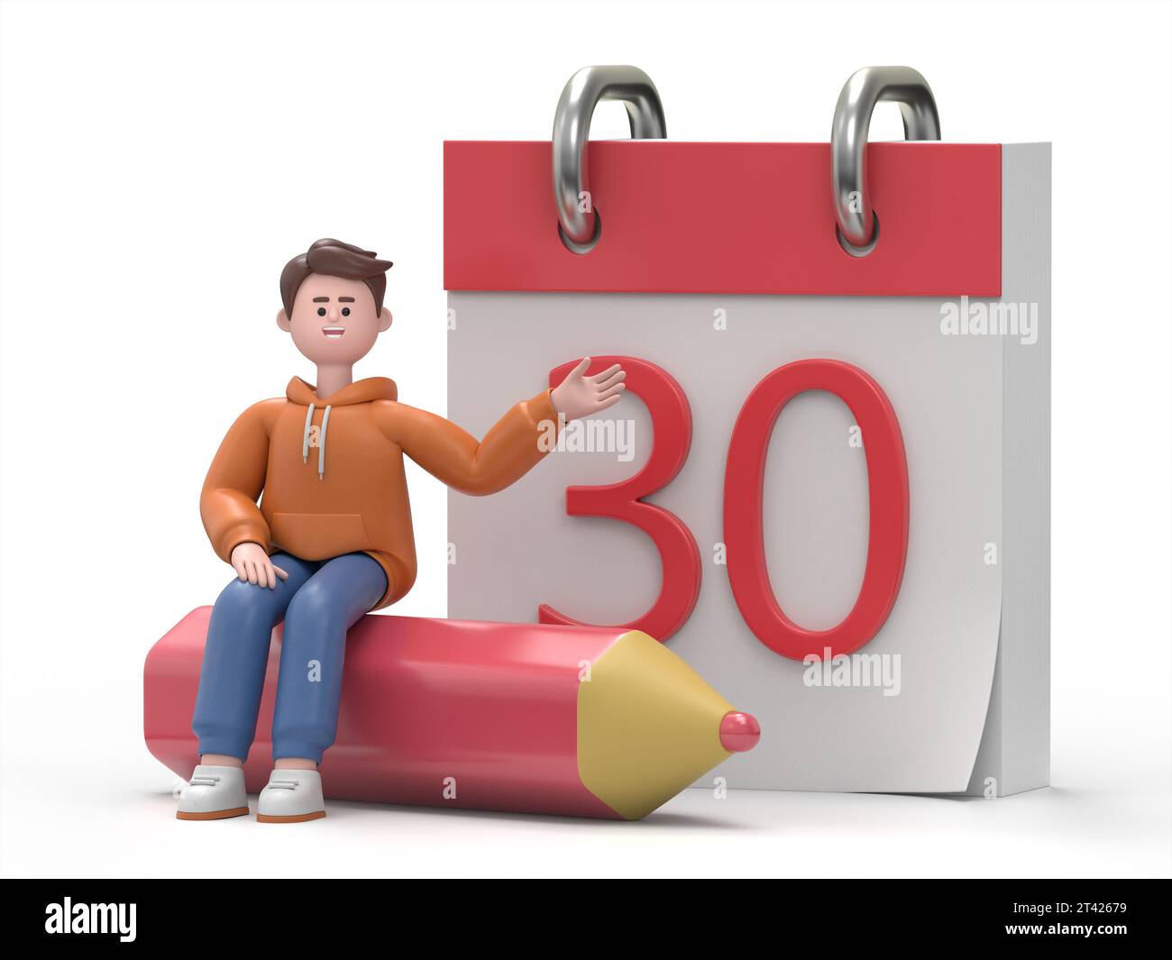 Illustration 3D de homme Qadir mec - personnage humain , personne avec un crayon et un cahier vide. Rendu 3D sur fond bleu. Banque D'Images