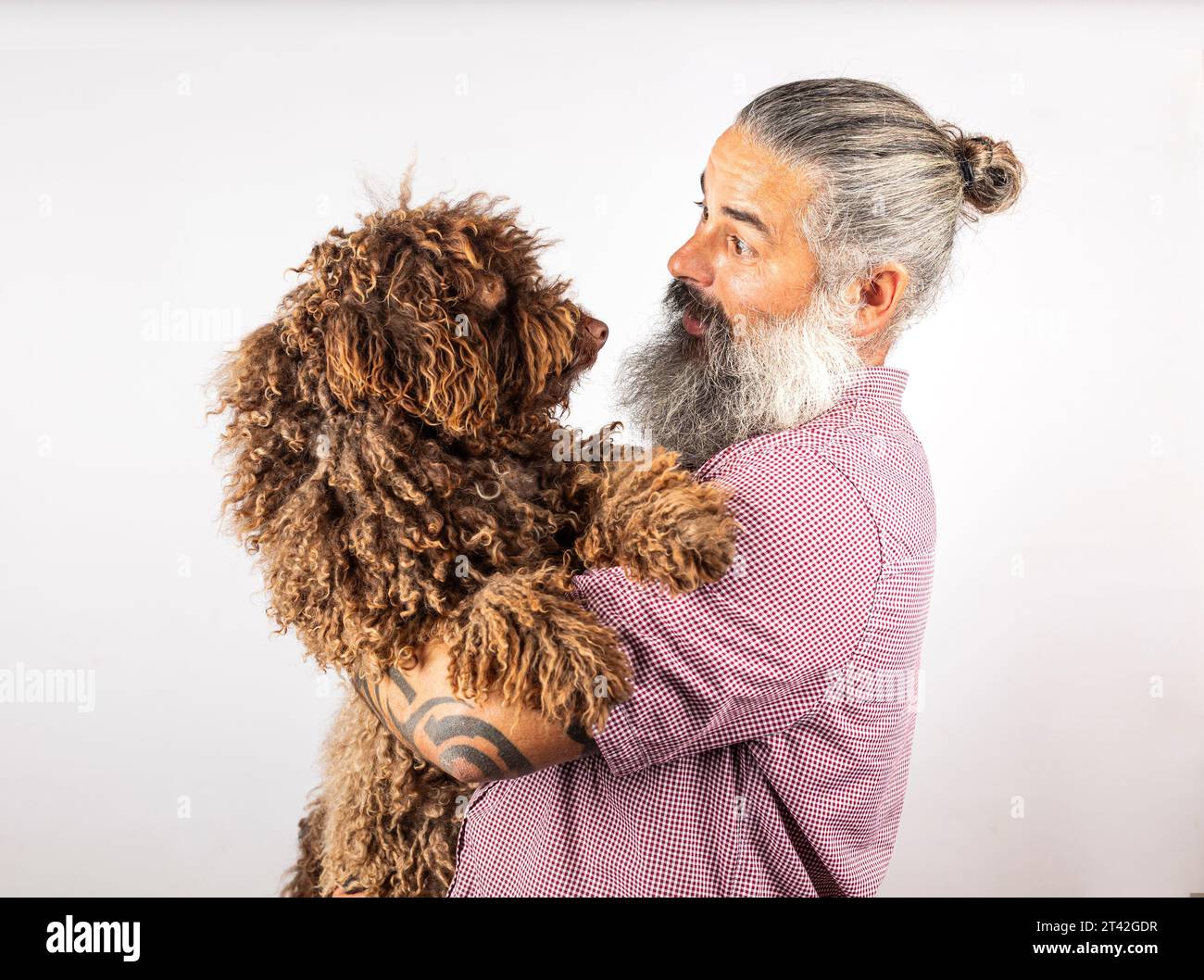 Portrait en studio d'un homme hipster serrant son chien. Homme jouant avec le chien isolé Banque D'Images