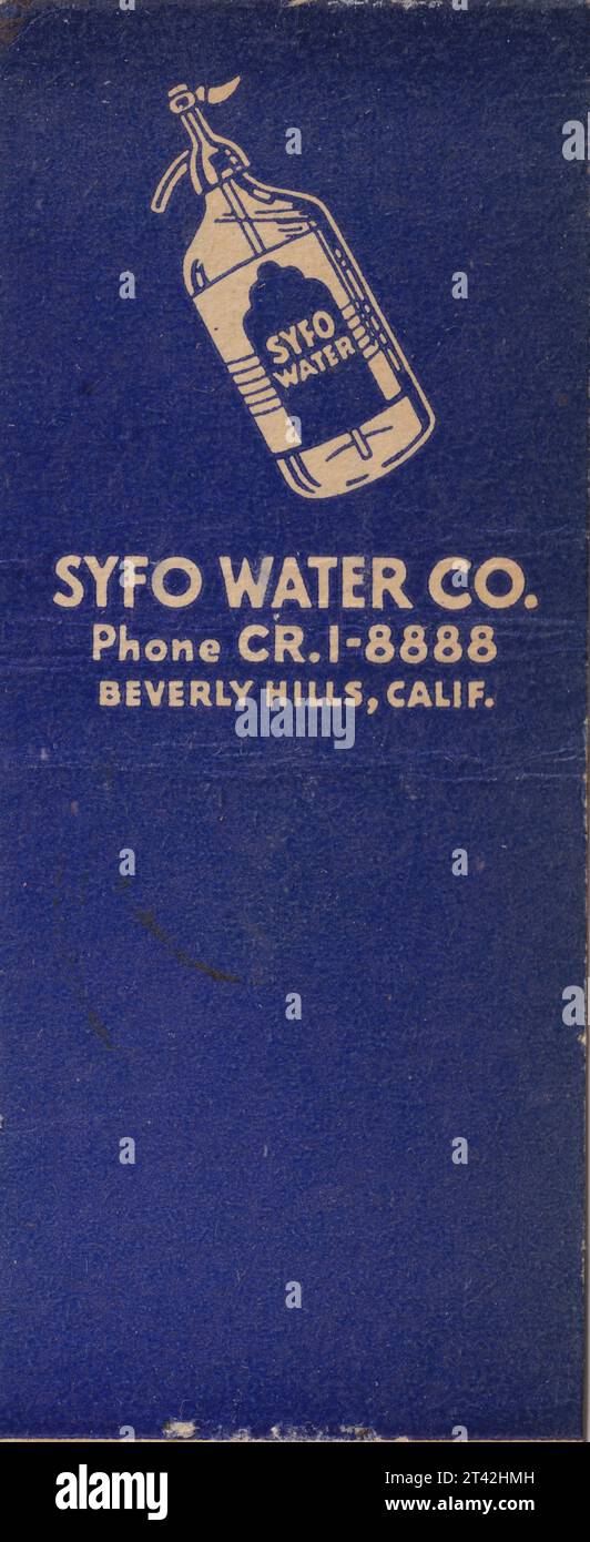 Syfo Water Company, Beverley Hills, Californie, CR-1-8888 - US Matchbook c1940 Banque D'Images