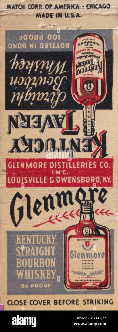 Glenmore distilleries, Kentucky Tavern, Straight Bourbon Whisky, Louisville & Owensboro, Kentucky - matchbook américain Banque D'Images