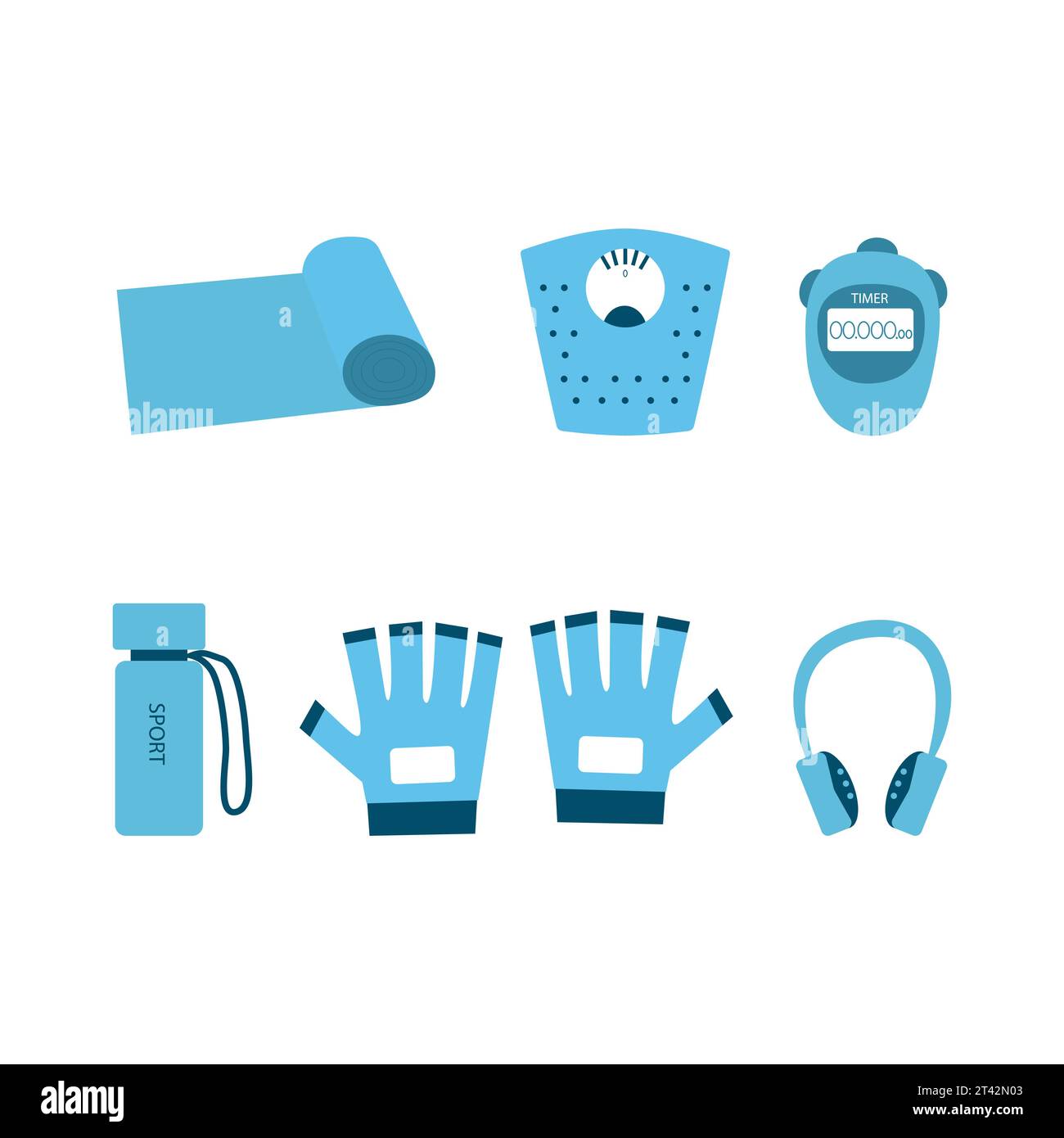Divers équipements sportifs. Appareils de fitness, accessoires de yoga et de gym. Tapis, pèse-personne et minuterie, bouteille d'eau et gants et cache-oreilles. Le concept de Illustration de Vecteur