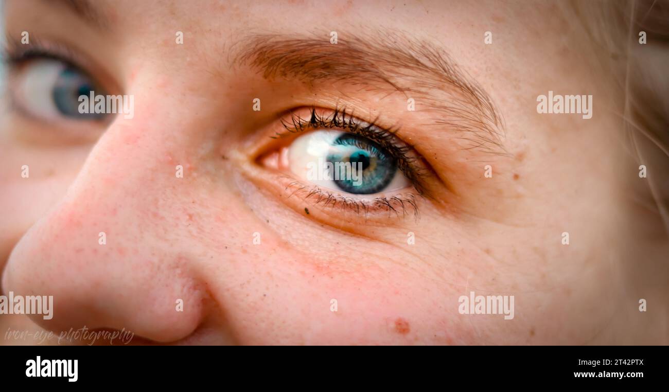 Gros plan des yeux bleus d'un jeune adulte, regardant directement dans la caméra avec une expression sérieuse Banque D'Images