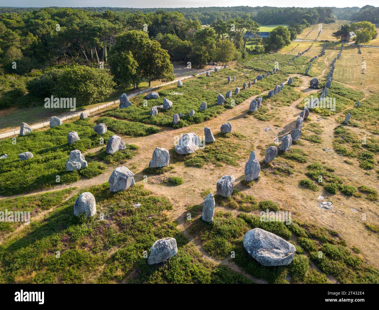 Vue aérienne des alignements de Carnac au petit matin (alignements de Kermario, Carnac, Morbihan (56), Bretagne, France). Alignements de Carnac. Banque D'Images