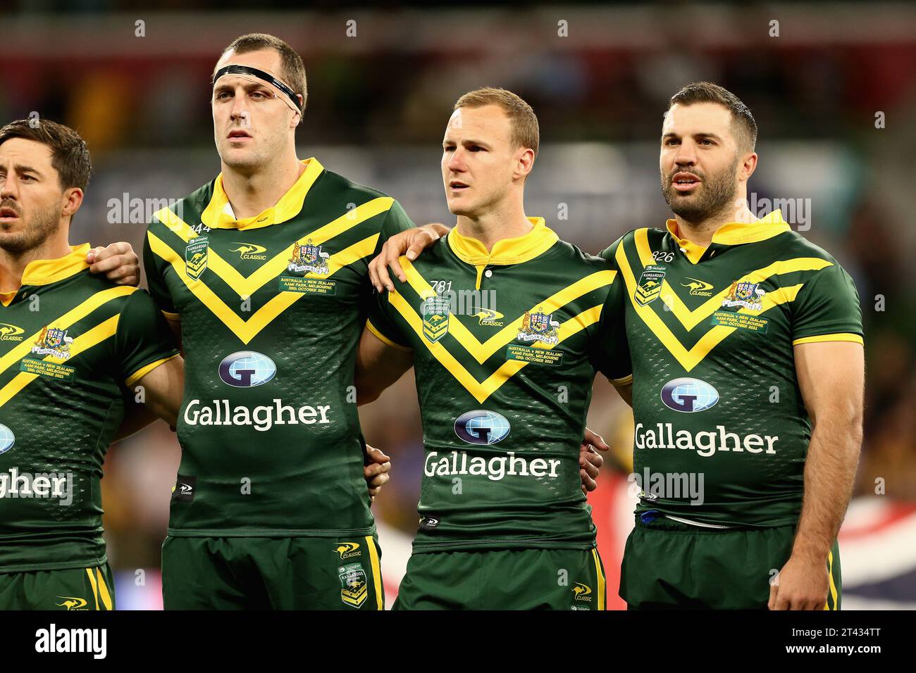 Melbourne, Australie. 28 octobre 2023. Les joueurs de kangourous s'alignent lors du match de rugby à XV des championnats du Pacifique 2023 entre l'Australie et la Nouvelle-Zélande au AAMI Park à Melbourne, le samedi 28 octobre 2023. (AAP image/Rob Prezioso) PAS D'ARCHIVAGE, USAGE ÉDITORIAL UNIQUEMENT crédit : Australian Associated Press/Alamy Live News Banque D'Images