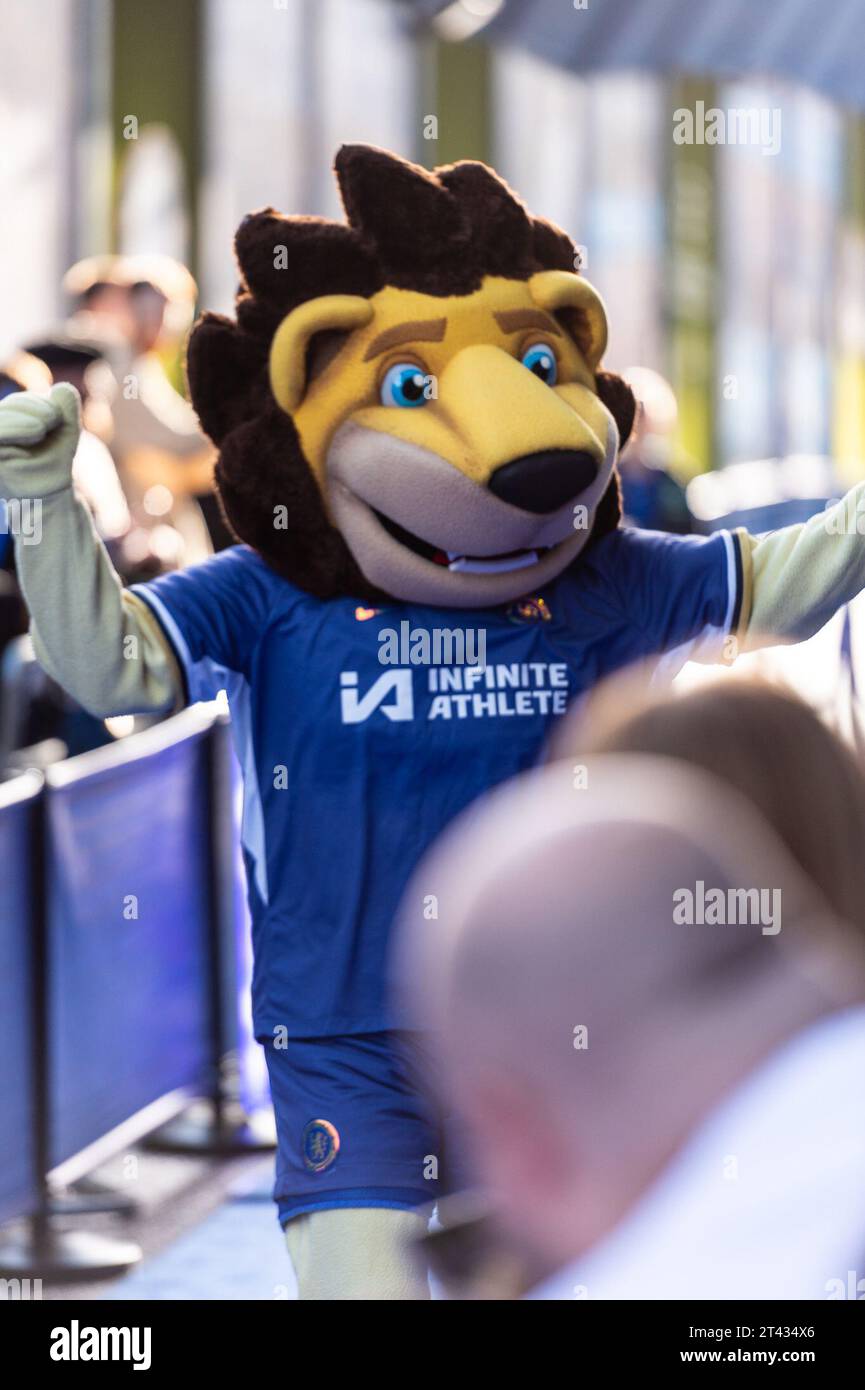 Londres, Royaume-Uni. 28 octobre 2023. Une mascotte de Chelsea attend l'arrivée des équipes avant le match de Premier League entre Chelsea et Brentford à Stamford Bridge, Londres, Angleterre, le 28 octobre 2023. Photo de Grant Winter. Usage éditorial uniquement, licence requise pour un usage commercial. Aucune utilisation dans les Paris, les jeux ou les publications d'un seul club/ligue/joueur. Crédit : UK Sports pics Ltd/Alamy Live News Banque D'Images