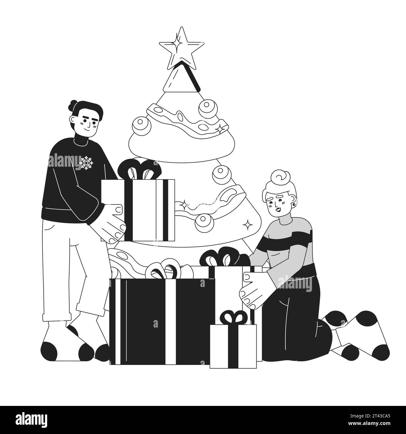 Expectative jour de Noël dessin animé noir et blanc illustration plate Illustration de Vecteur