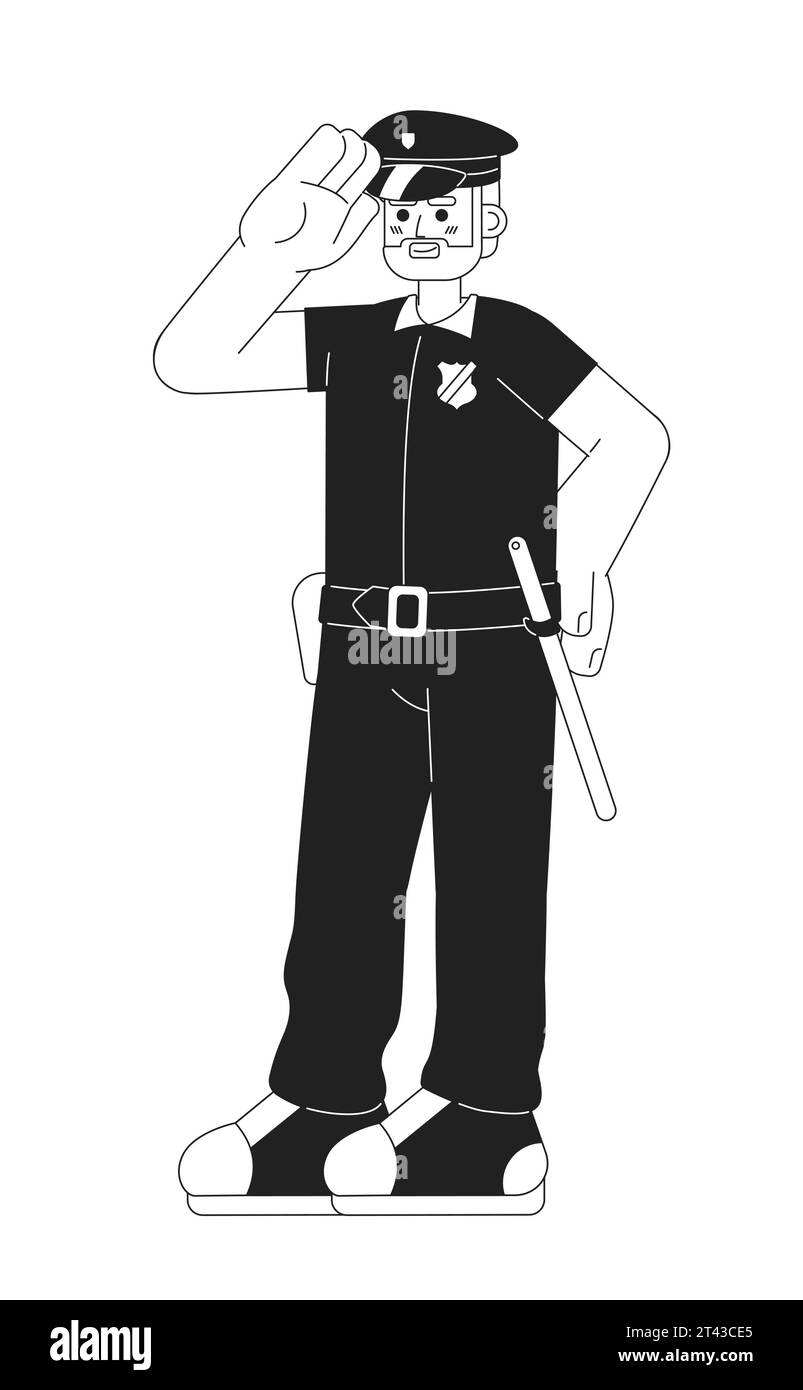 Officier de police masculin souriant dessin animé noir et blanc illustration plate Illustration de Vecteur