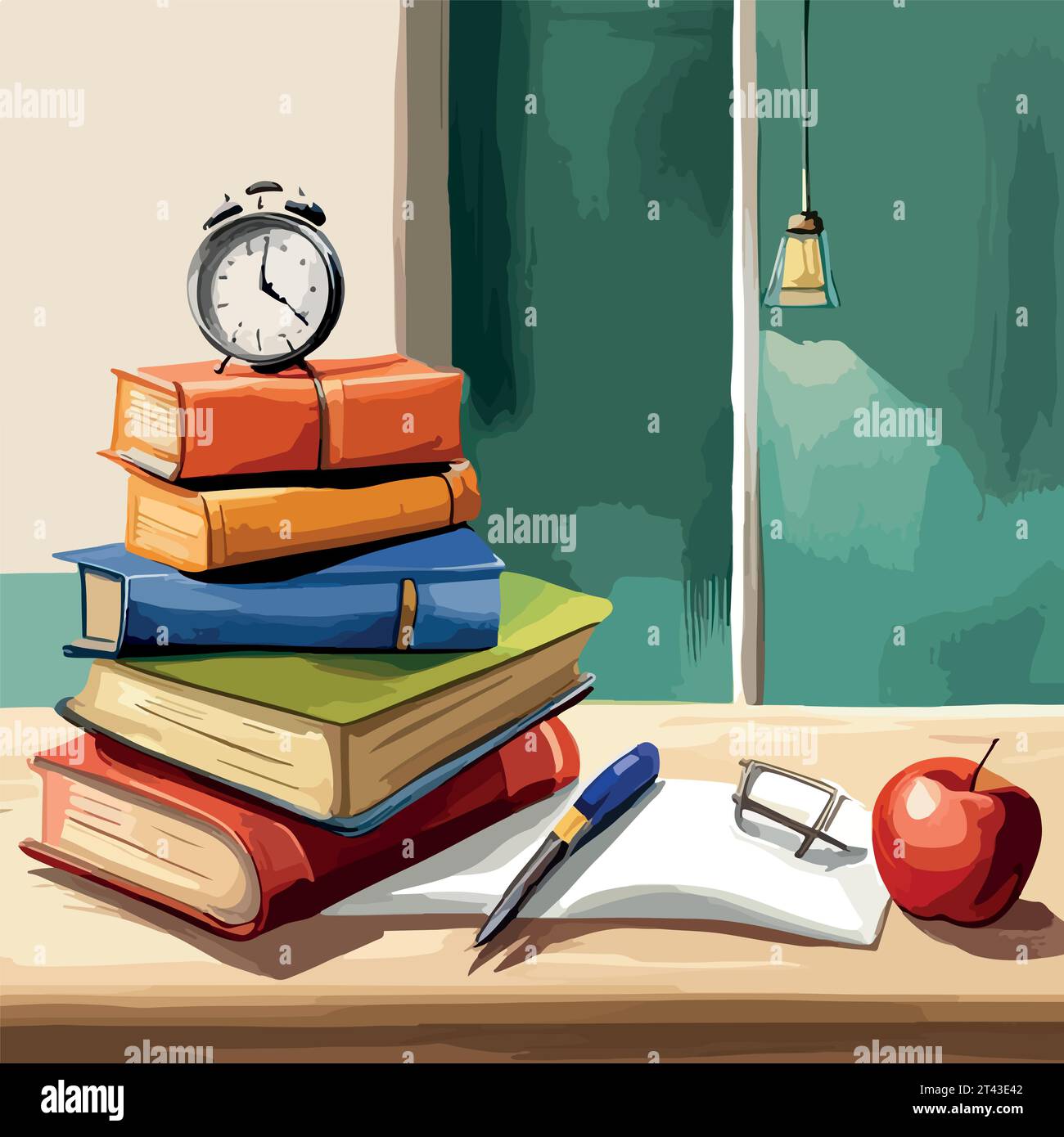 De retour à l'école, les livres hauts empilent sur fond blanc closeup. Croquis fait à la main. Carte postale pour impression. Illustration vectorielle aquarelle. Illustration de Vecteur