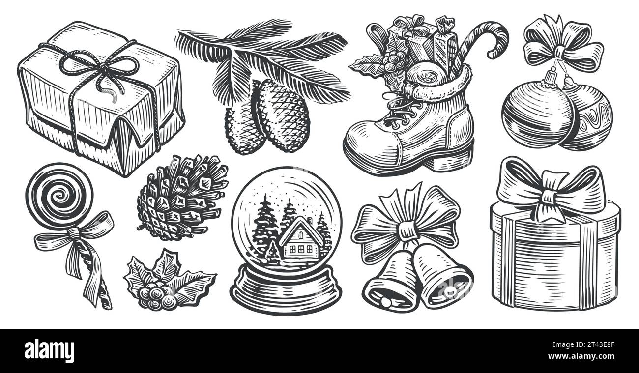 Ensemble d'objets rétro dessinés à la main pour la décoration de vacances de Noël. Joyeuses fêtes esquisse illustration vectorielle Illustration de Vecteur
