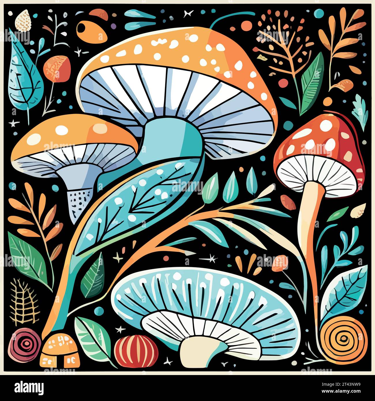 Motif d'automne avec des champignons, des baies et des feuilles illustration vectorielle d'impression tendance naturelle. Illustration vectorielle Illustration de Vecteur