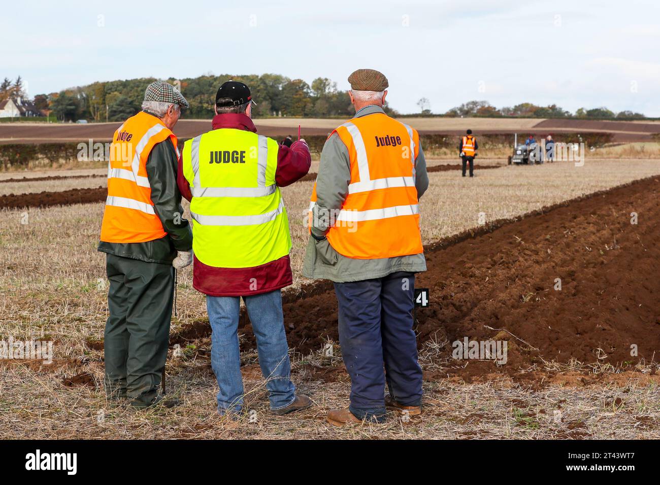 28 octobre 23, Prestwick, Royaume-Uni. Le 59e championnat écossais de labourage, organisé sur plus de 200 hectares de Montonhill Farm, près de Prestwick, Ayrshire, Écosse, Royaume-Uni, a attiré plus de 100 participants internationaux, dans des classes telles que Shire et Clydesdale chevaux, tracteurs et charrues classiques et vintage européens, ainsi que des tracteurs modernes avec charrues. Les gagnants obtiendront des points de qualification et pourront ensuite participer aux championnats du monde de labour. Crédit : Findlay/Alamy Live News Banque D'Images