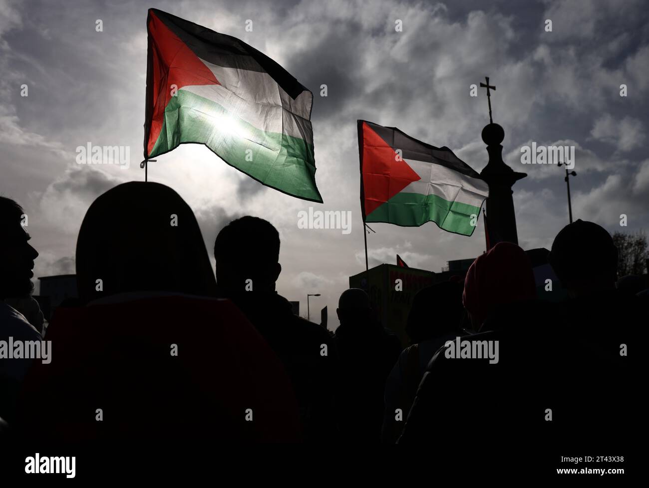 Leicester, Leicestershire, Royaume-Uni. 28 octobre 2023. Les manifestants brandissent des drapeaux lors d'une manifestation pro-palestinienne. Des dizaines de milliers de manifestants pro-palestiniens se sont rassemblés à Londres et dans tout le Royaume-Uni pour des rassemblements demandant instamment la fin des attaques israéliennes à Gaza. Crédit Darren Staples/Alamy Live News. Banque D'Images