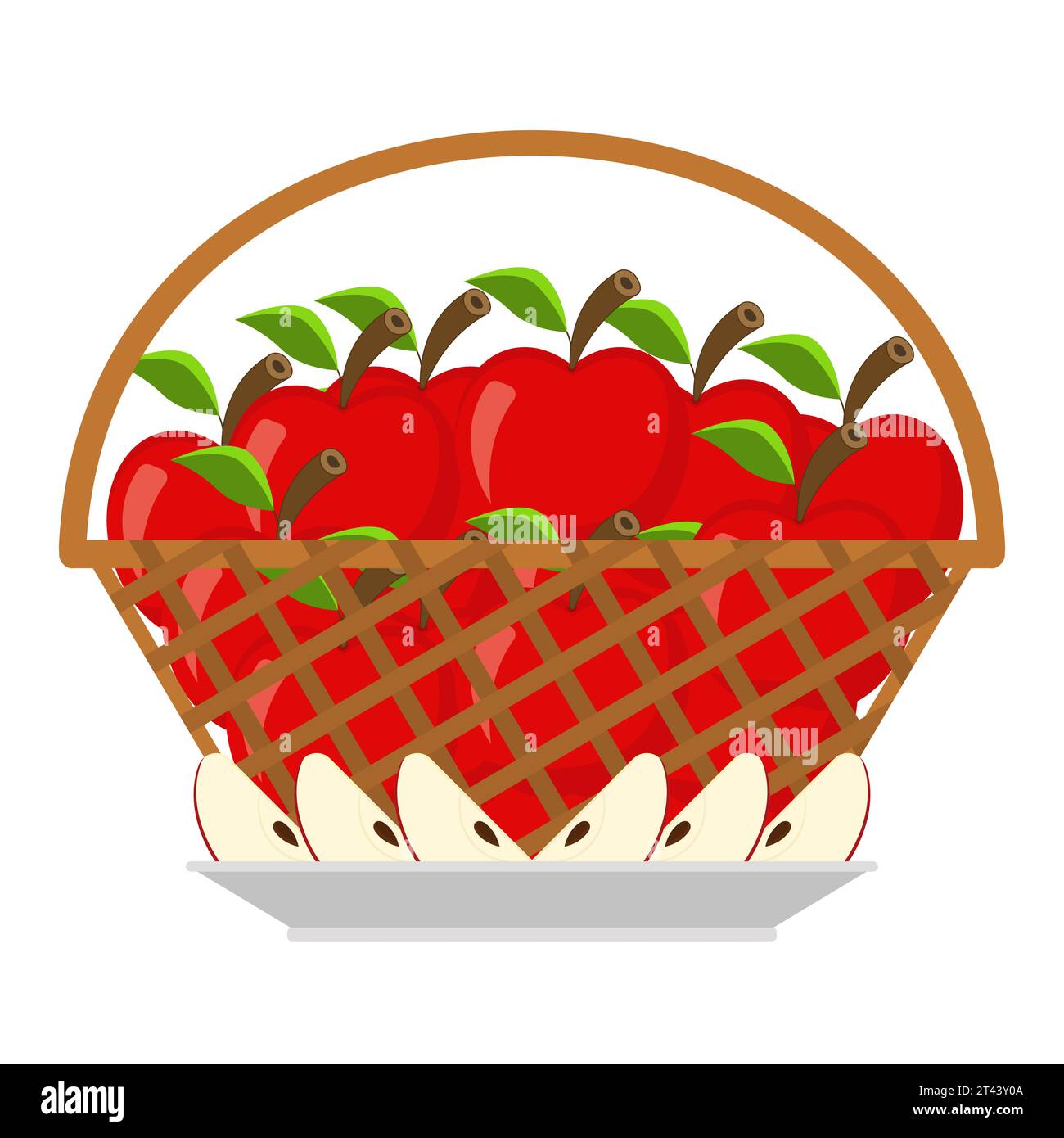 Panier en osier plein de pommes mûres rouges et tranches de pomme avec une graine à l'intérieur reposent sur une assiette. Nature morte. Fruits brillants avec de petites brindilles et des feuilles. Illustration de Vecteur